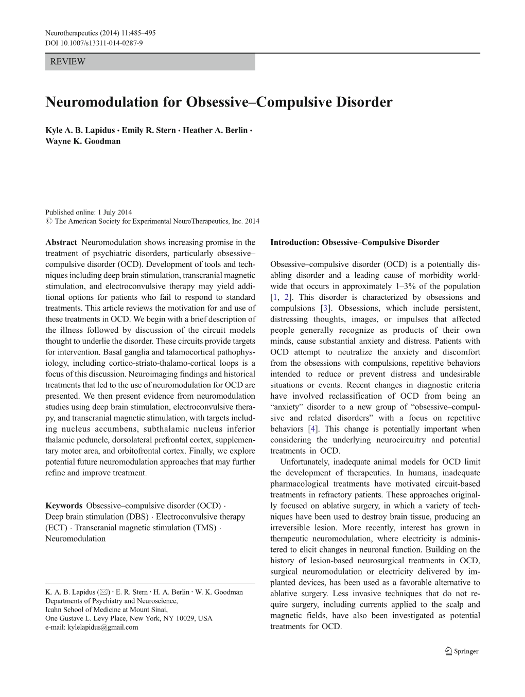 Neuromodulation for Obsessive–Compulsive Disorder