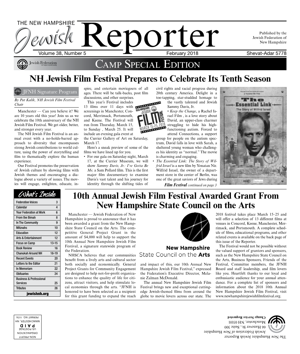 NH Jewish Film Festival Prepares to Celebrate Its Tenth Season 10Th Annual Jewish Film Festival Awarded Grant from New Hampshire
