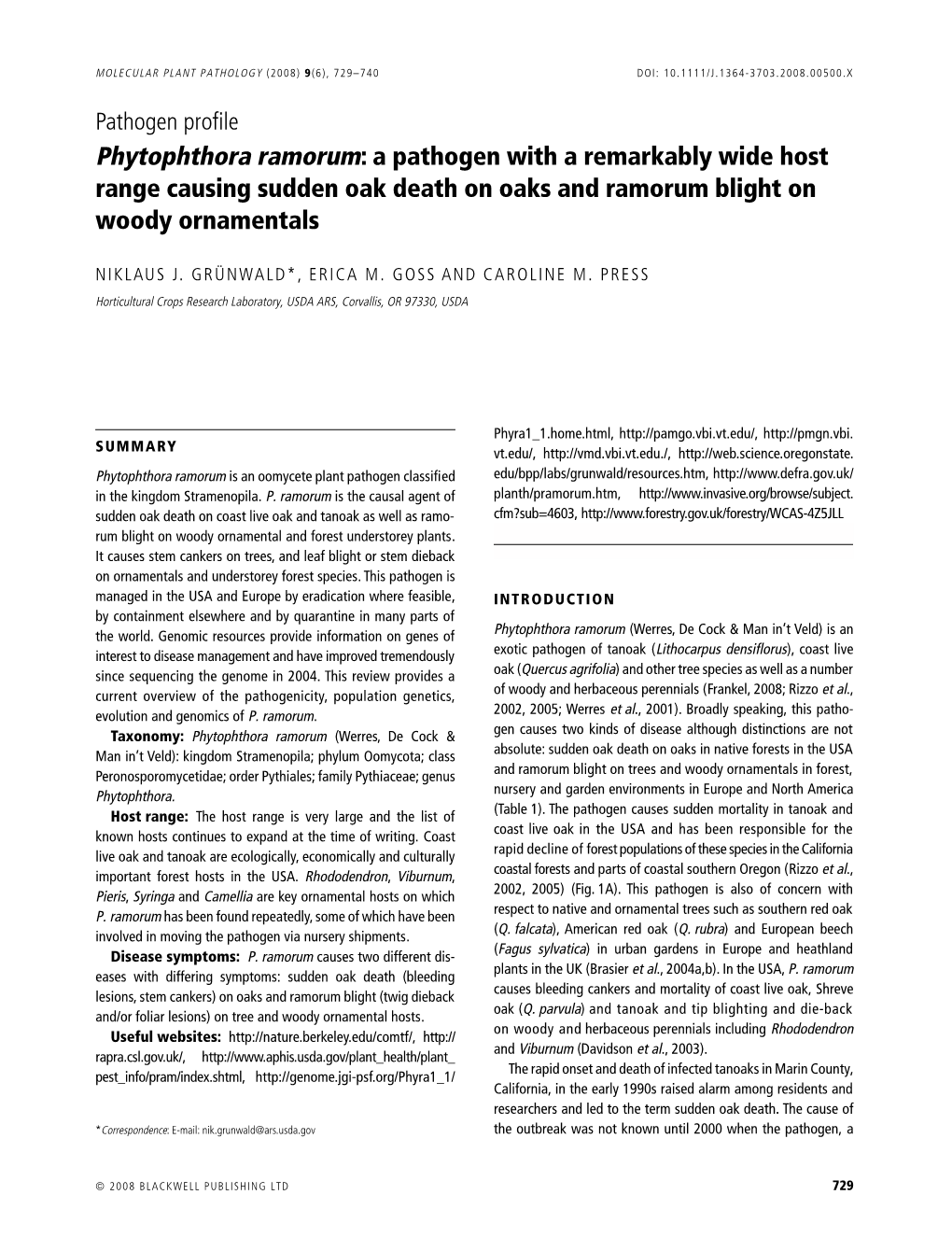 Phytophthora Ramorum: a Pathogen with a Remarkably Wide Host Range Causing Sudden Oak Death on Oaks and Ramorum Blight on Woody Ornamentals