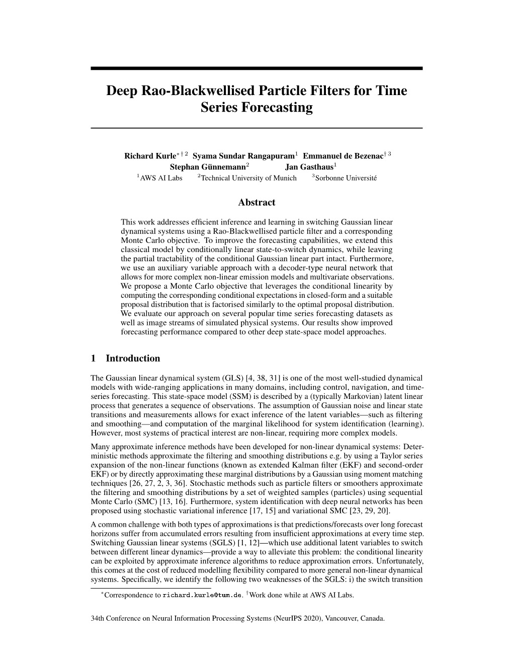 Deep Rao-Blackwellised Particle Filters for Time Series Forecasting