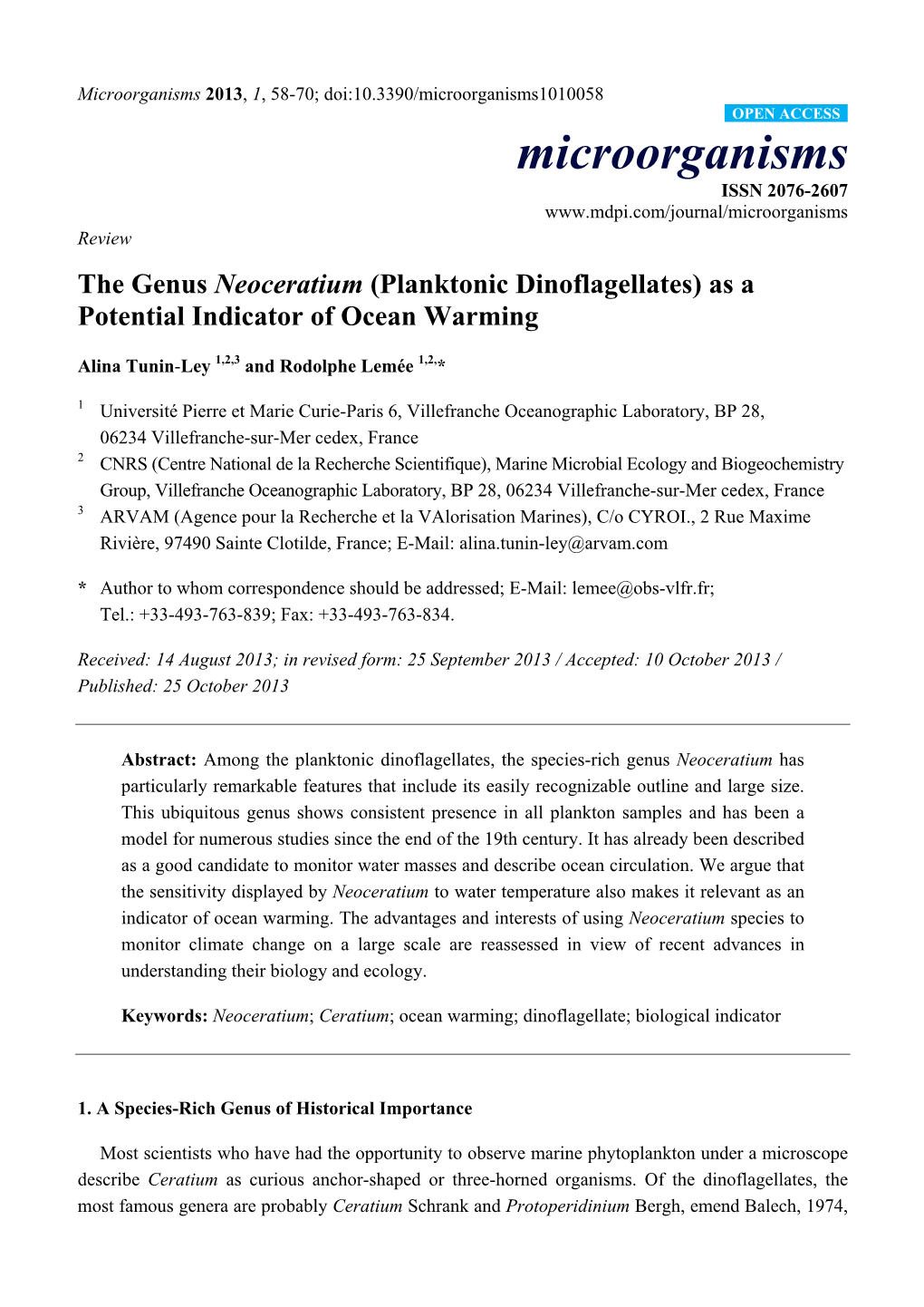 The Genus Neoceratium (Planktonic Dinoflagellates) As a Potential Indicator of Ocean Warming