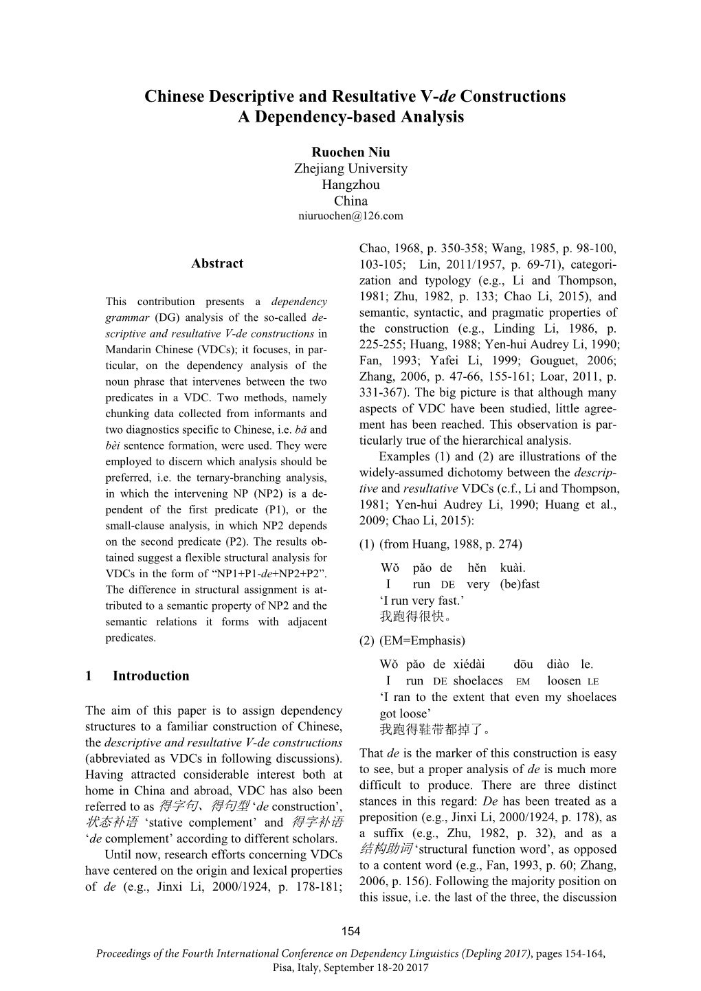 Chinese Descriptive and Resultative V-De Constructions a Dependency-Based Analysis