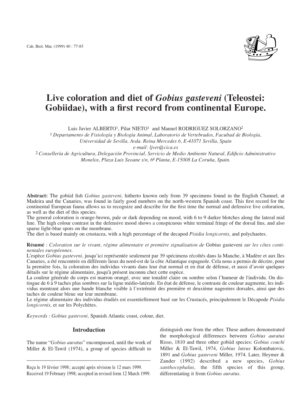 Live Coloration and Diet of Gobius Gasteveni (Teleostei: Gobiidae), with a ﬁrst Record from Continental Europe