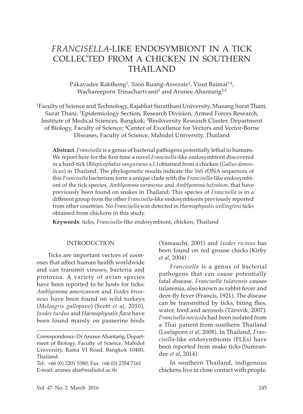 Francisella-Like Endosymbiont in a Tick Collected from a Chicken in Southern Thailand