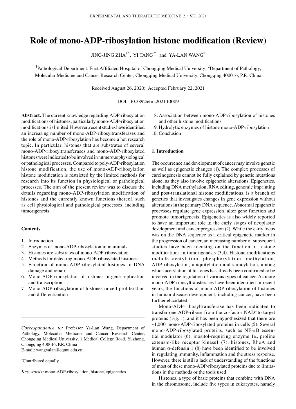 Role of Mono‑ADP‑Ribosylation Histone Modification (Review)