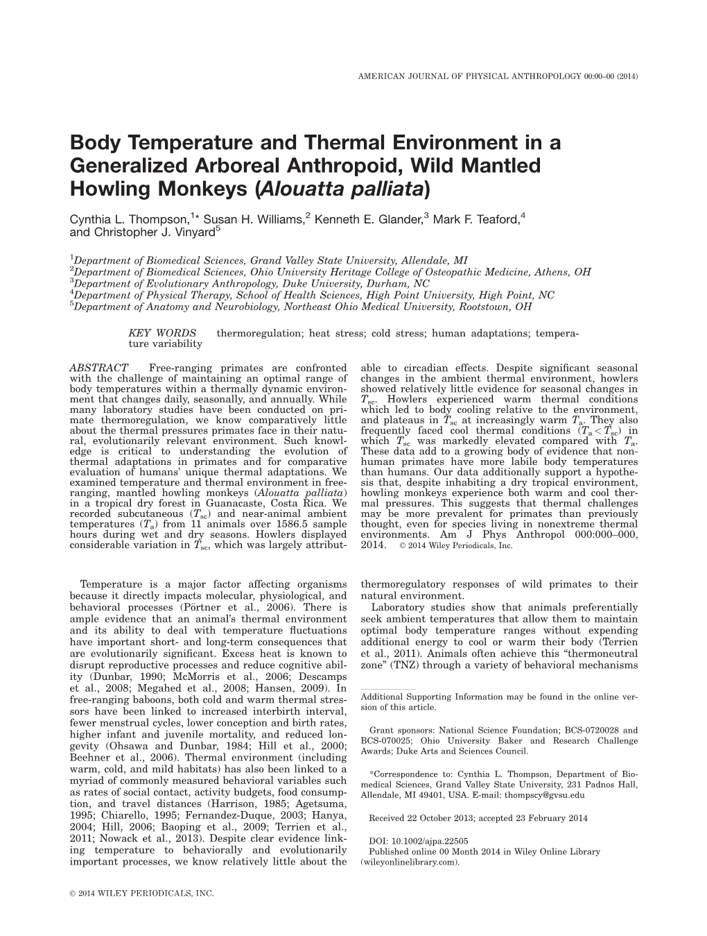 Body Temperature and Thermal Environment in a Generalized Arboreal Anthropoid, Wild Mantled Howling Monkeys (Alouatta Palliata)