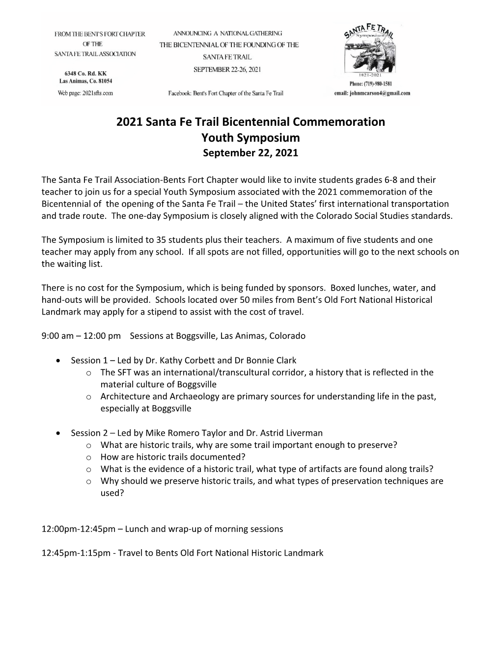 2021 Santa Fe Trail Bicentennial Commemoration Youth Symposium September 22, 2021