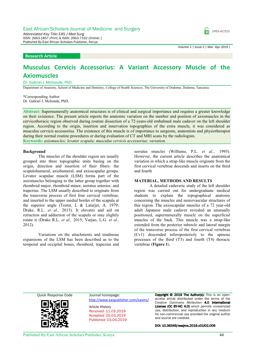 Musculus Cervicis Accessorius: a Variant Accessory Muscle of the Axiomuscles Dr