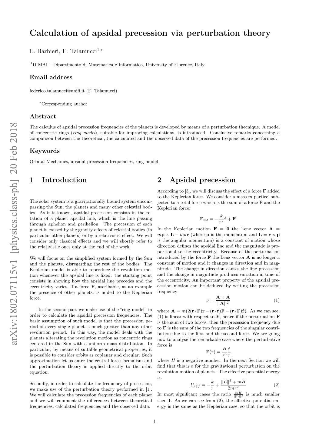 Calculation of Apsidal Precession Via Perturbation Theory