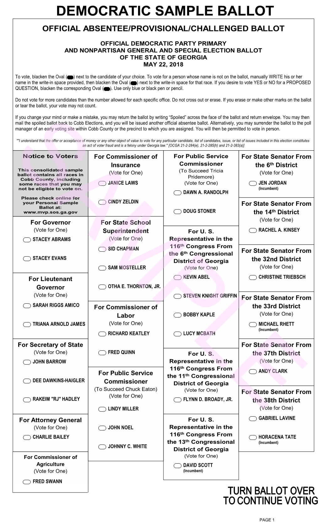 Democratic Sample Ballot Official Absentee/Provisional/Challenged Ballot