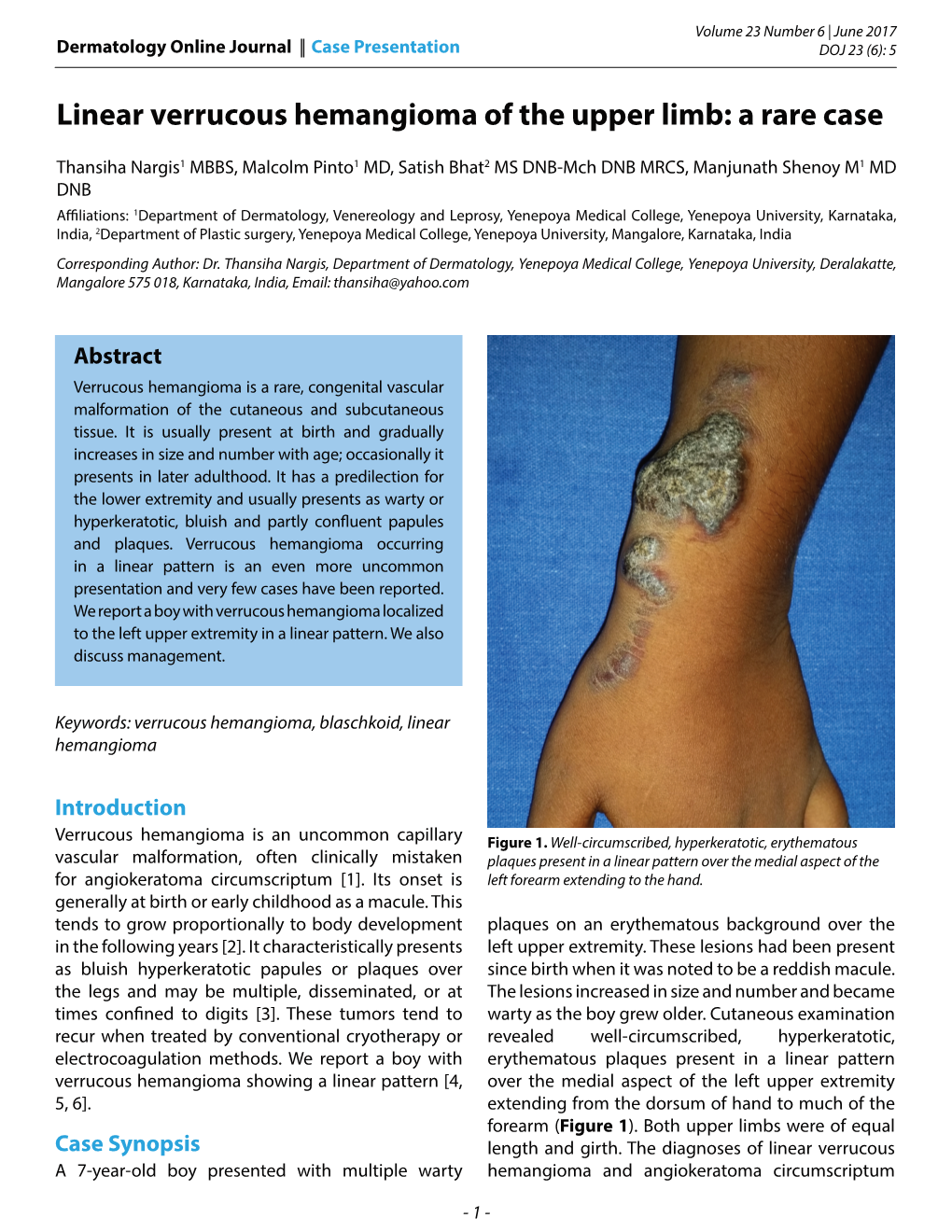 Linear Verrucous Hemangioma of the Upper Limb: a Rare Case