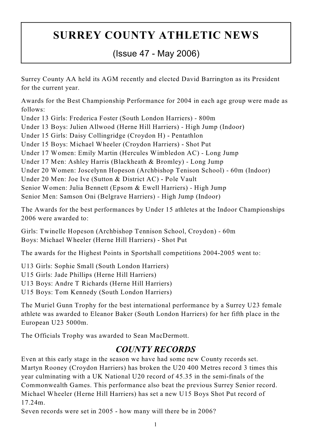 SURREY COUNTY ATHLETIC NEWS (Issue 47 - May 2006)