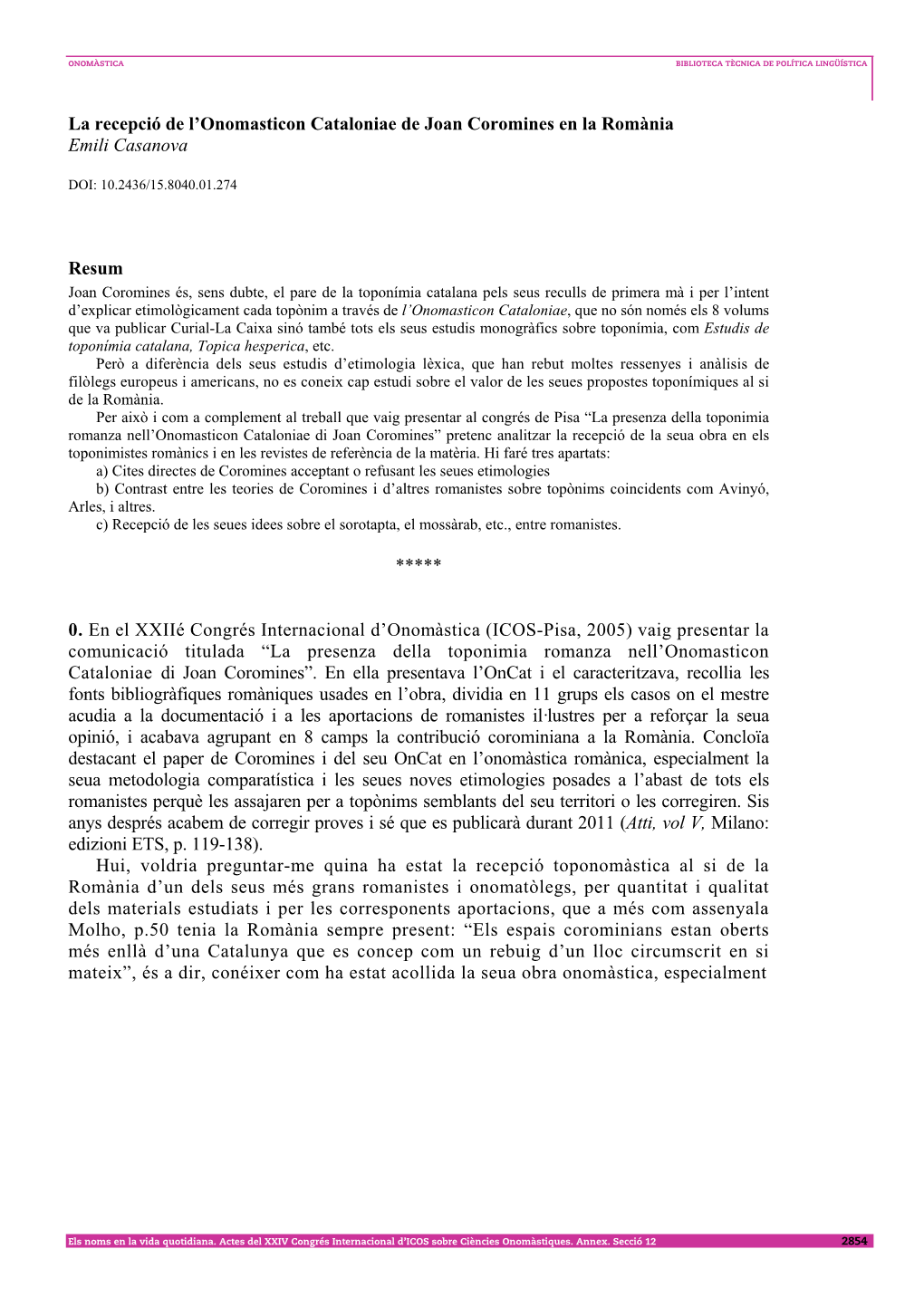 La Recepció De L'onomasticon Cataloniae De Joan Coromines En