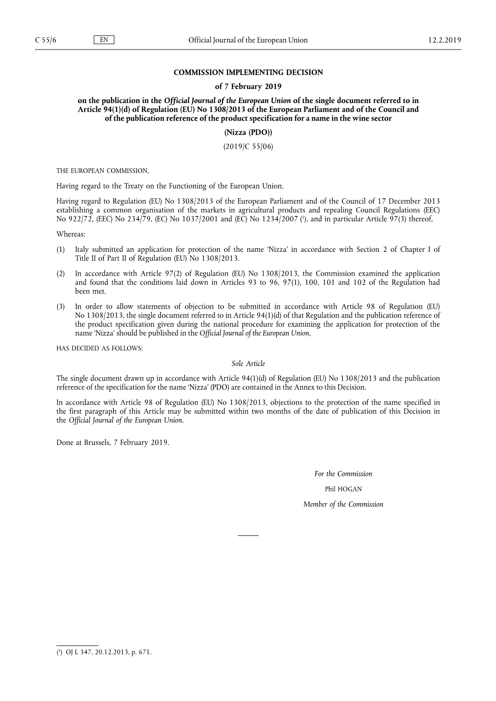 Commission Implementing Decision of 7 February 2019 on the Publication