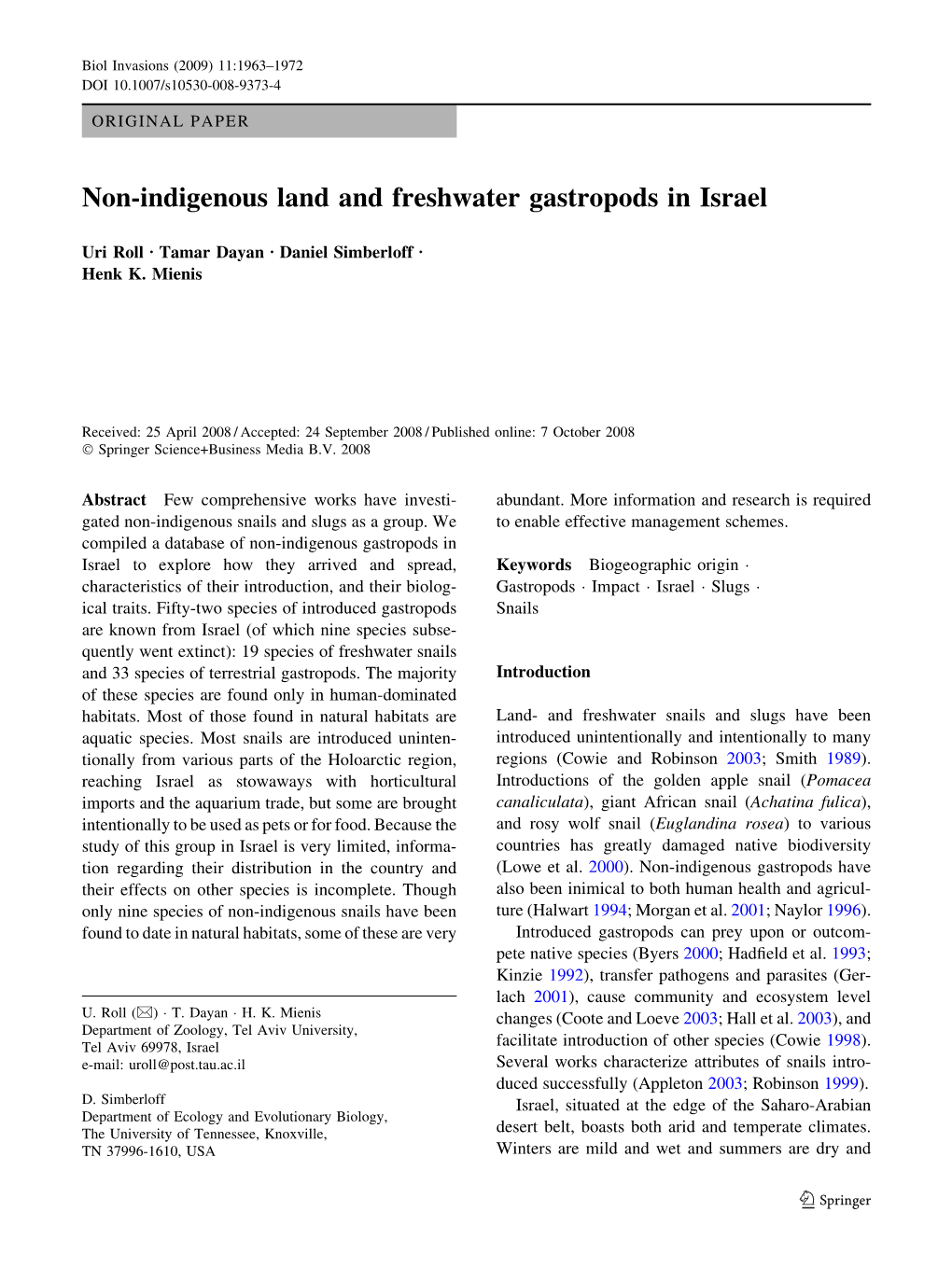 Non-Indigenous Land and Freshwater Gastropods in Israel