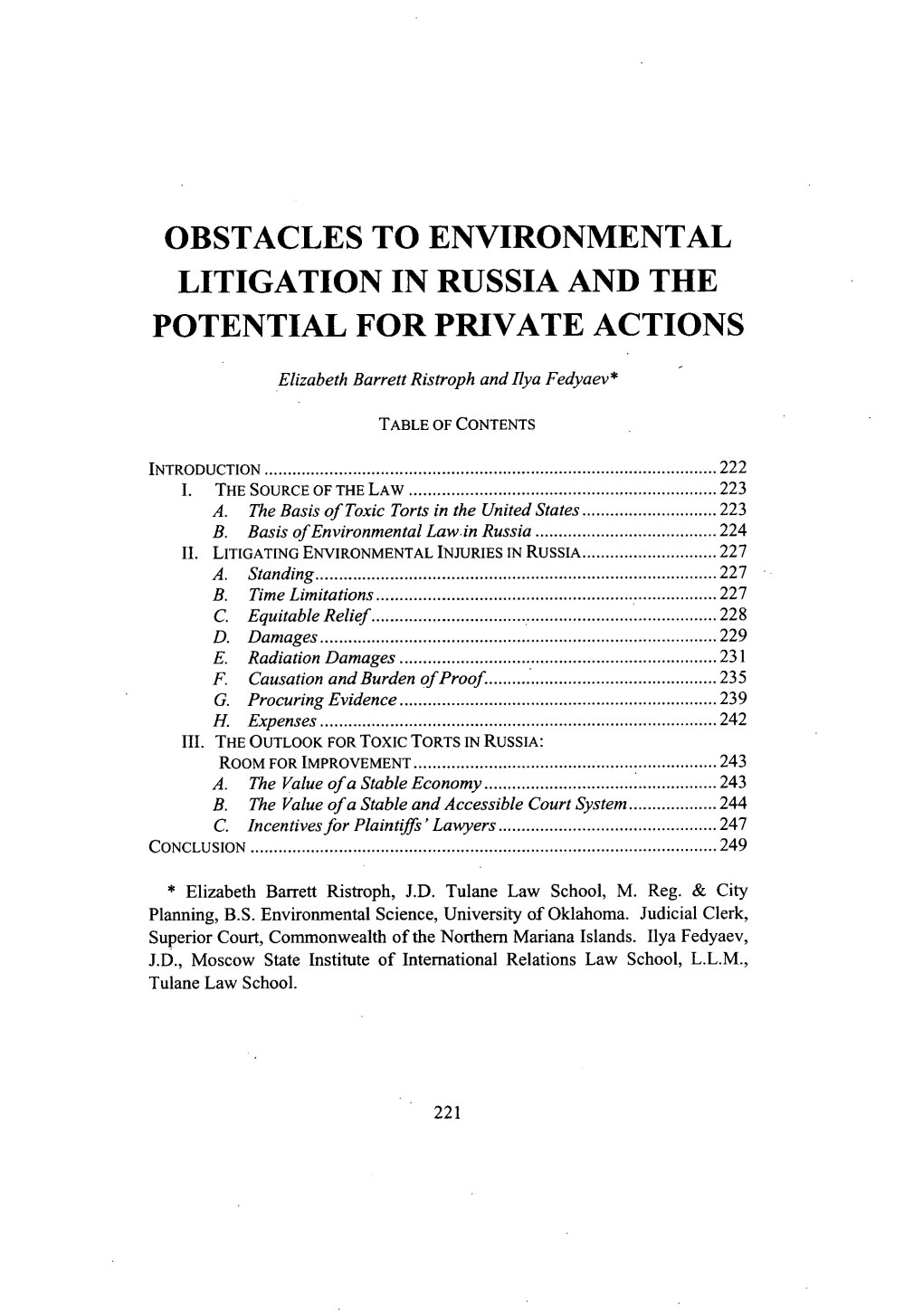 Obstacles to Environmental Litigation in Russia and the Potential for Private Actions