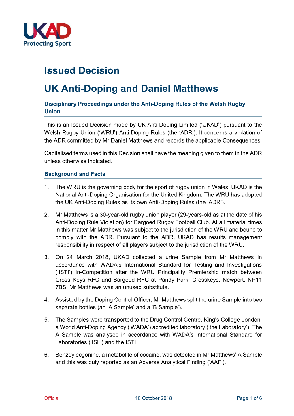 Issued Decision UK Anti-Doping and Daniel Matthews