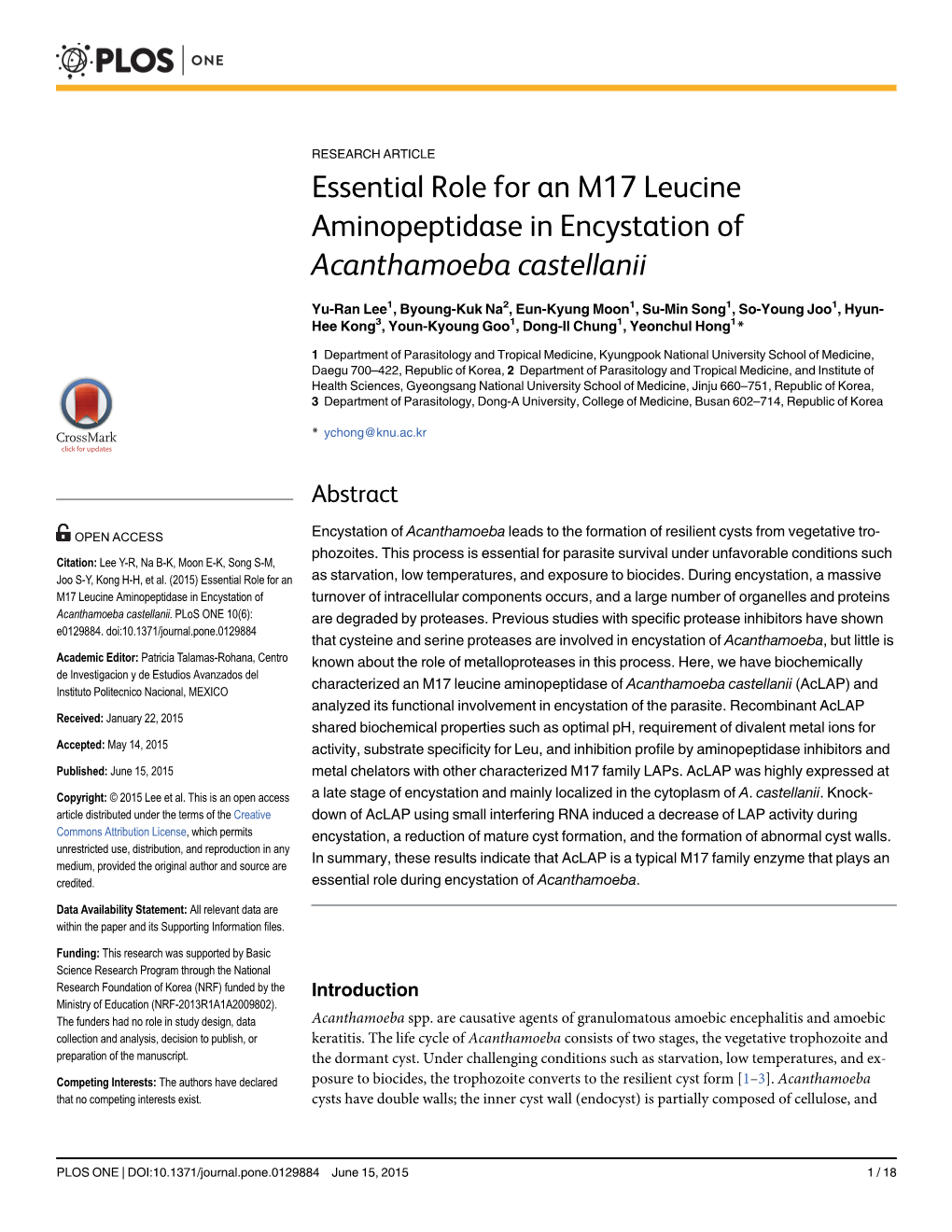 Essential Role for an M17 Leucine Aminopeptidase in Encystation of Acanthamoeba Castellanii
