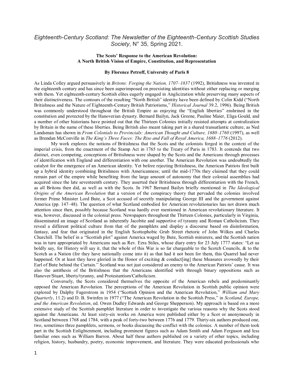 Eighteenth-Century Scotland: the Newsletter of the Eighteenth-Century Scottish Studies Society, N° 35, Spring 2021