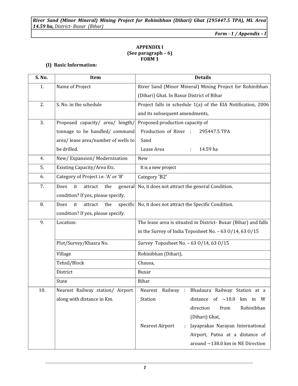 Bihar) Form - 1 / Appendix – I