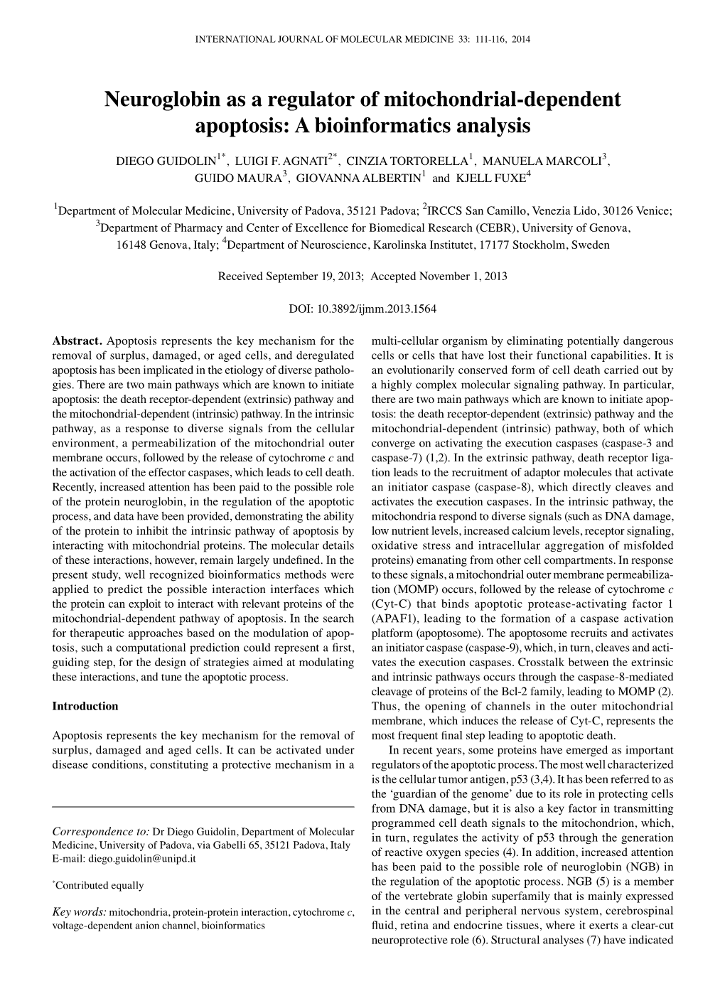 Neuroglobin As a Regulator of Mitochondrial-Dependent Apoptosis: a Bioinformatics Analysis