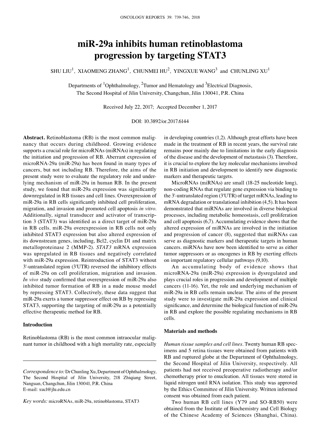 Mir‑29A Inhibits Human Retinoblastoma Progression by Targeting STAT3