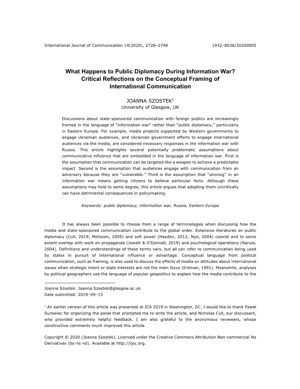 What Happens to Public Diplomacy During Information War? Critical Reflections on the Conceptual Framing of International Communication