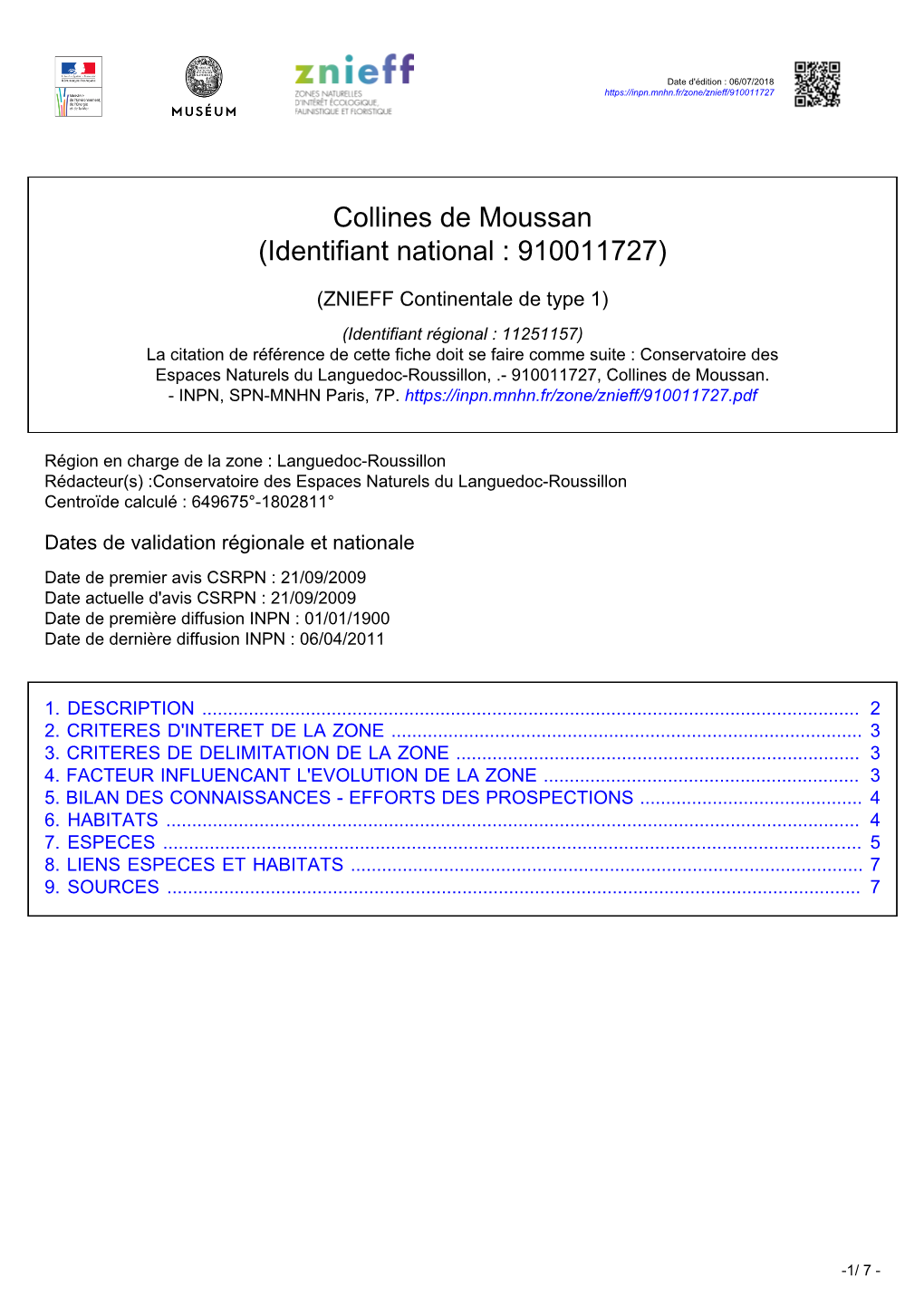 Collines De Moussan (Identifiant National : 910011727)