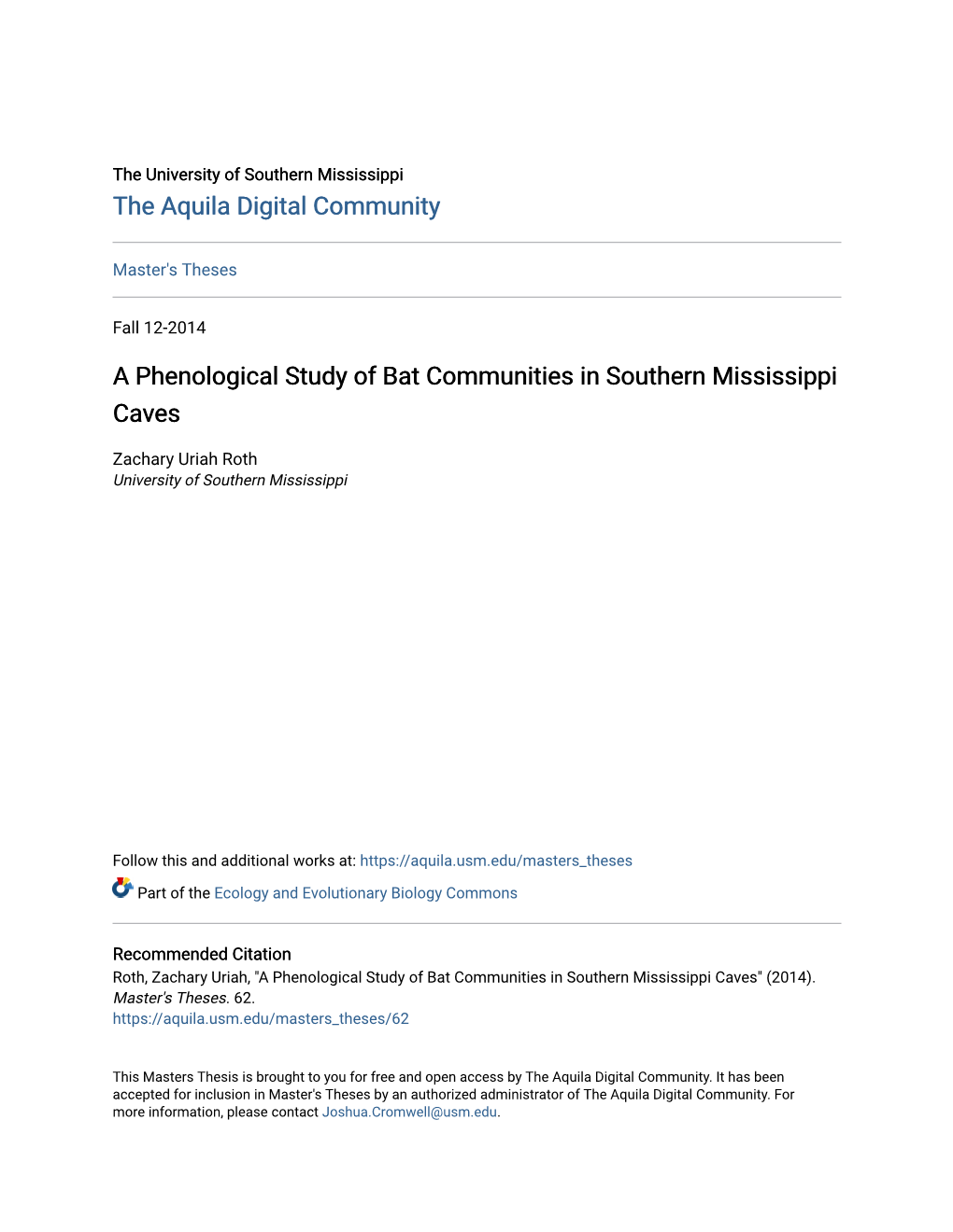 A Phenological Study of Bat Communities in Southern Mississippi Caves