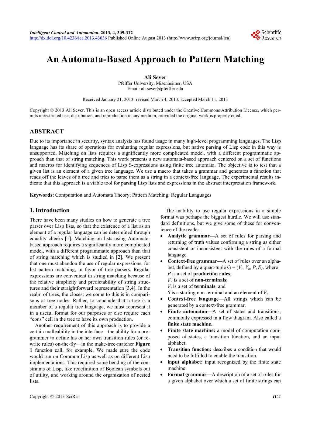 An Automata-Based Approach to Pattern Matching