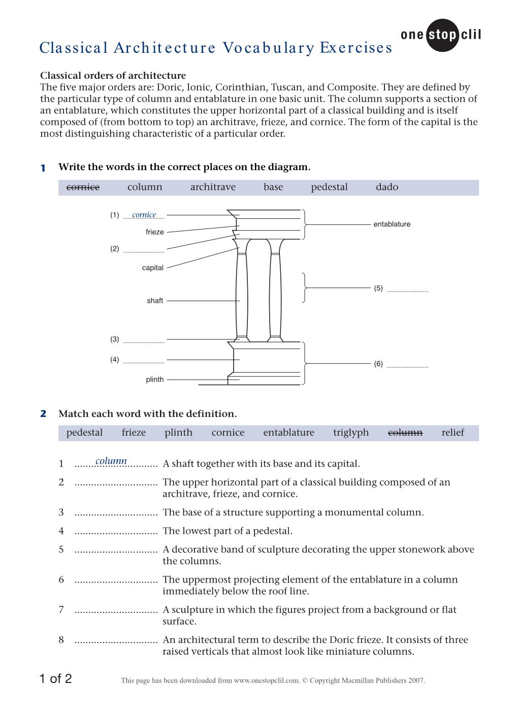 Classical Architecture Vocabulary Exercises