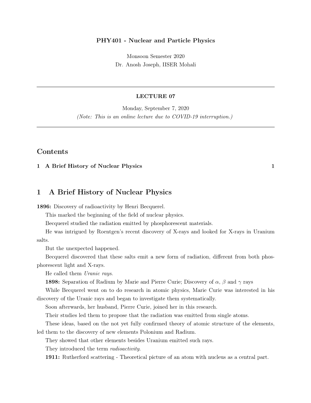 Contents 1 a Brief History of Nuclear Physics