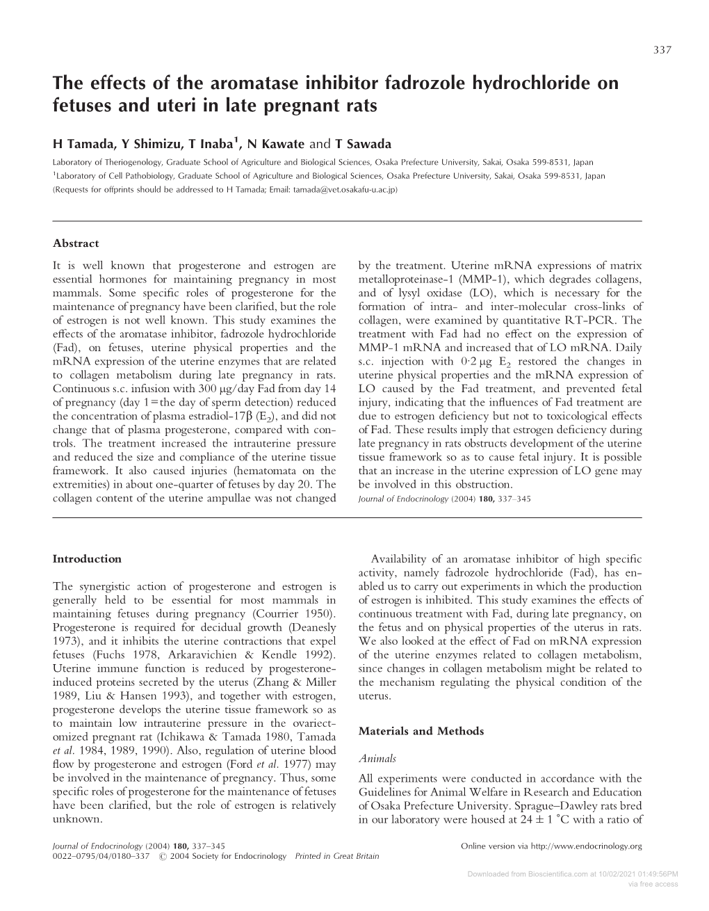 The Effects of the Aromatase Inhibitor Fadrozole Hydrochloride on Fetuses and Uteri in Late Pregnant Rats