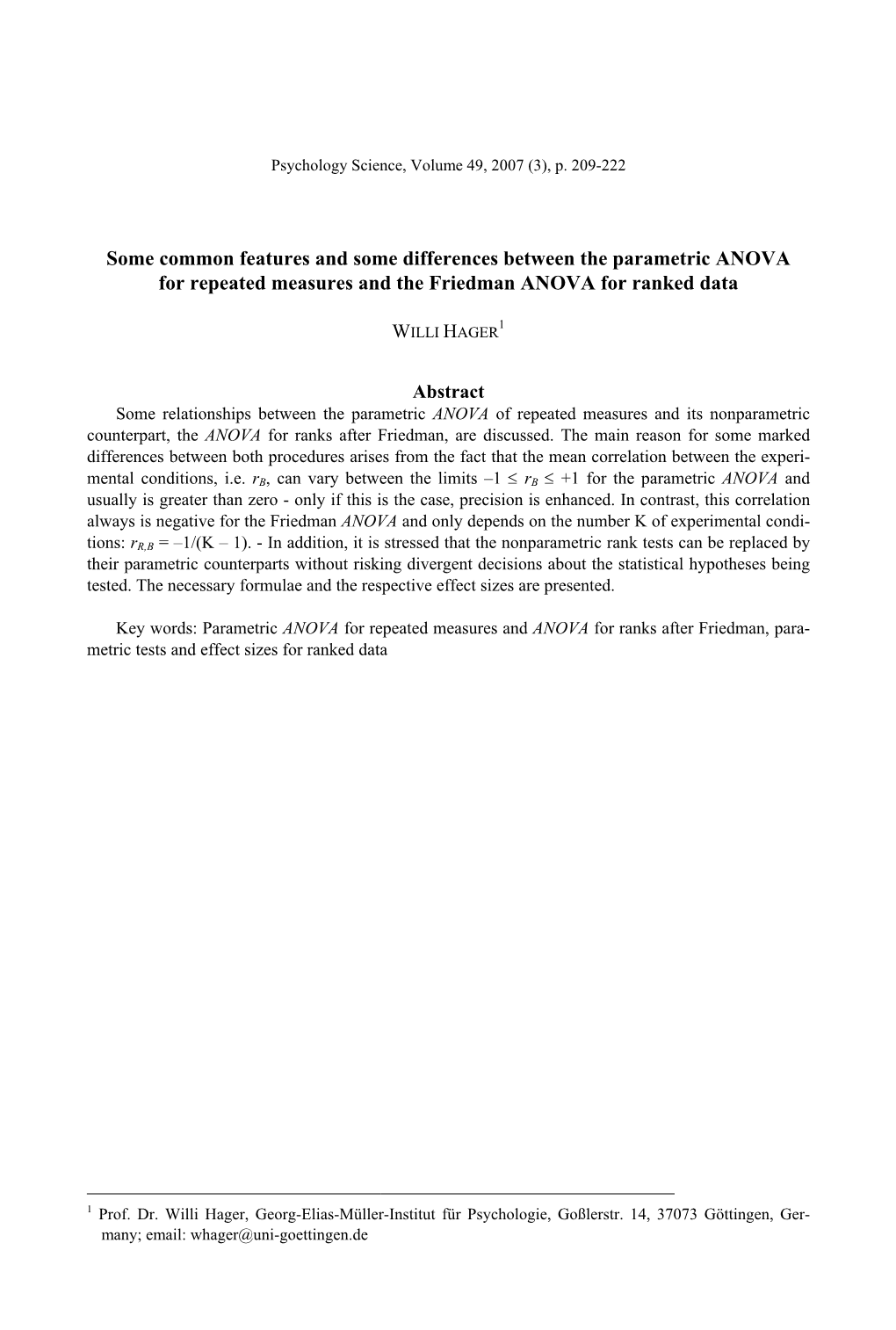 Some Common Features and Some Differences Between the Parametric ANOVA for Repeated Measures and the Friedman ANOVA for Ranked Data