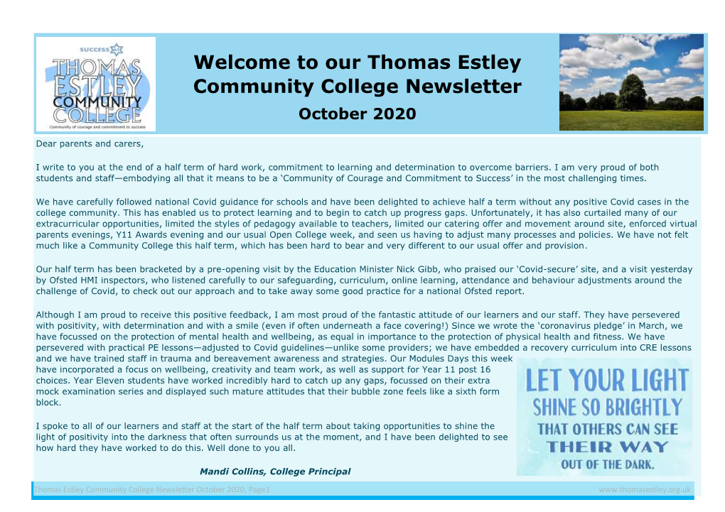 Our Thomas Estley Community College Newsletter October 2020