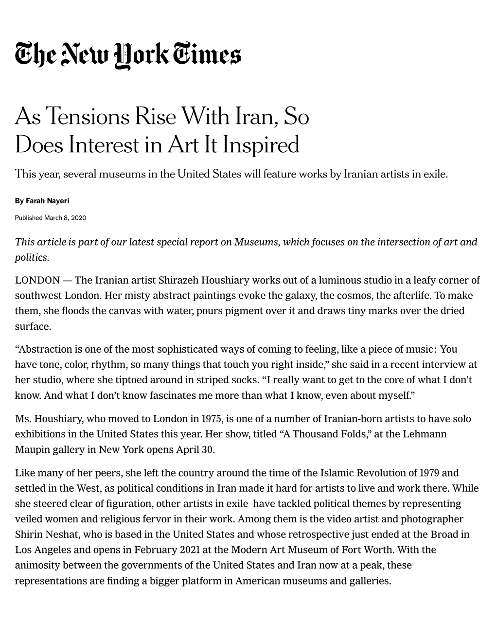 As Tensions Rise with Iran, So Does Interest in Art It Inspired This Year, Several Museums in the United States Will Feature Works by Iranian Artists in Exile