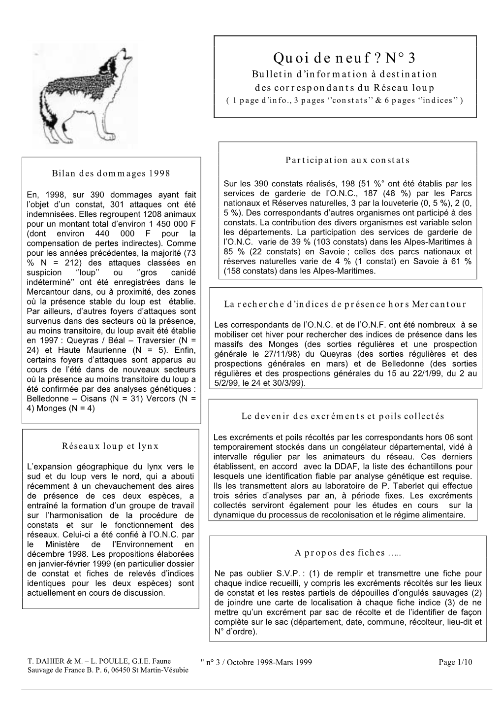 Quoi De Neuf ? N° 3 Bulletin D’Information À Destination Des Correspondants Du Réseau Loup ( 1 Page D’Info., 3 Pages ‘’Constats’’ & 6 Pages ‘’Indices’’ )