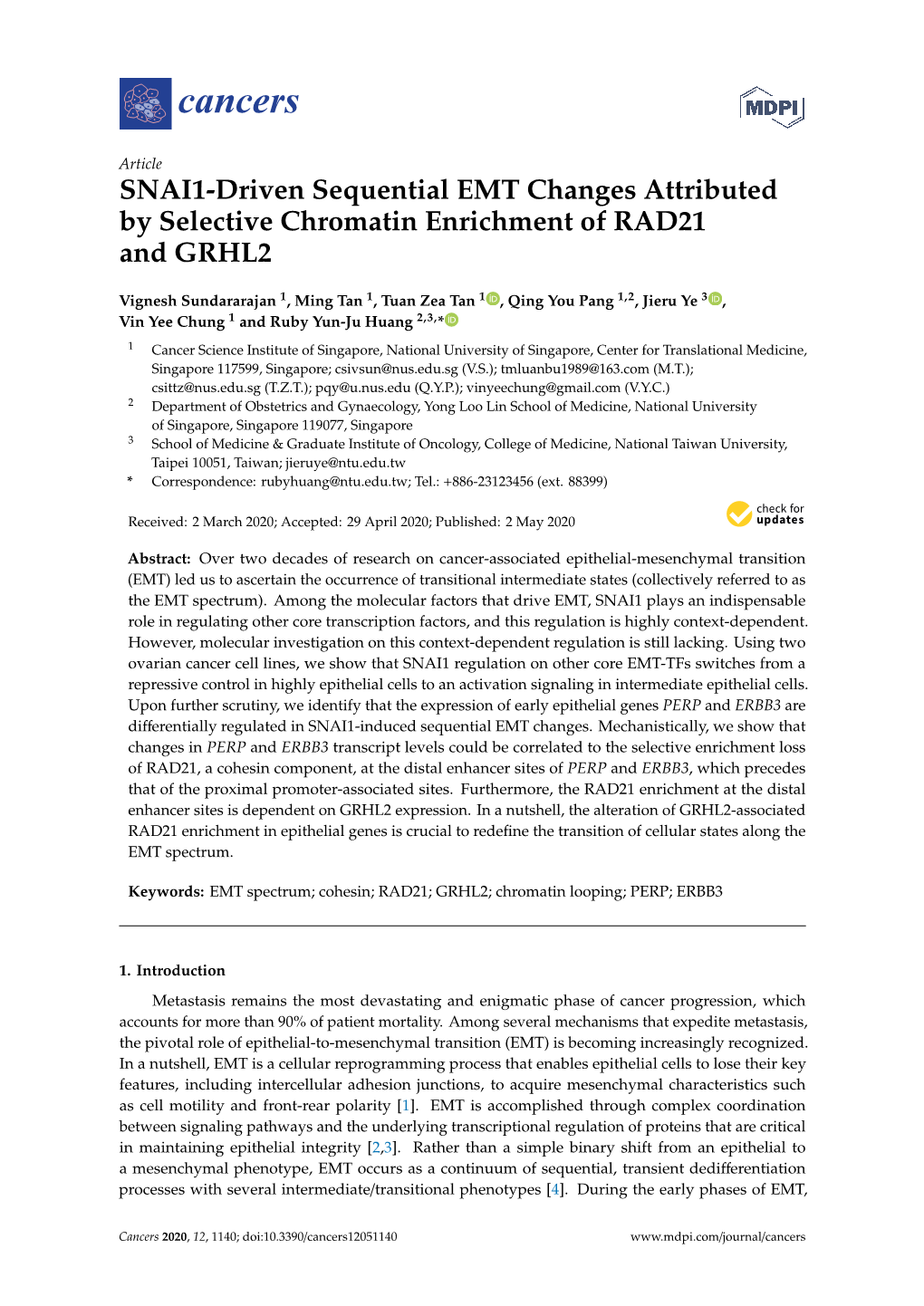 SNAI1-Driven Sequential EMT Changes Attributed by Selective Chromatin Enrichment of RAD21 and GRHL2