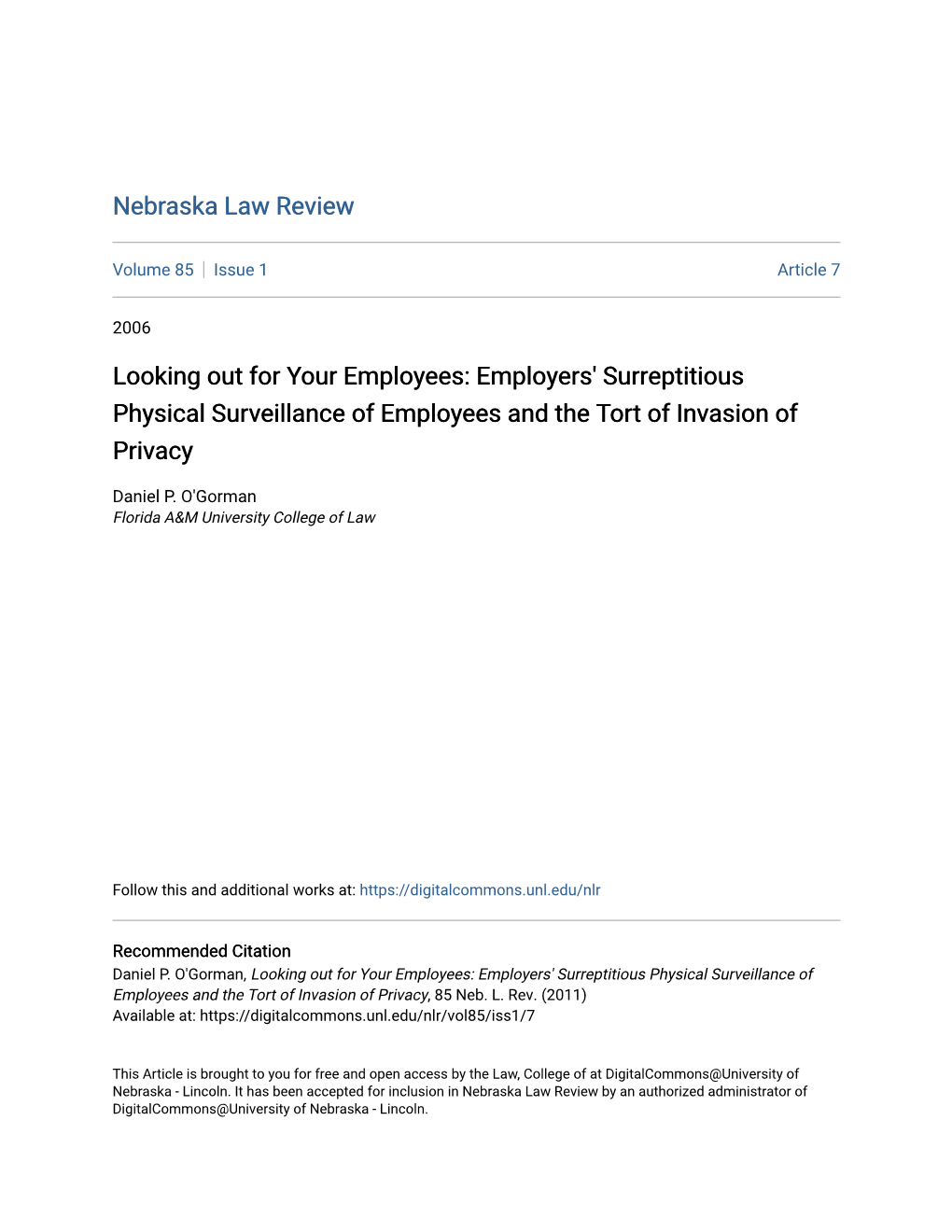 Employers' Surreptitious Physical Surveillance of Employees and the Tort of Invasion of Privacy