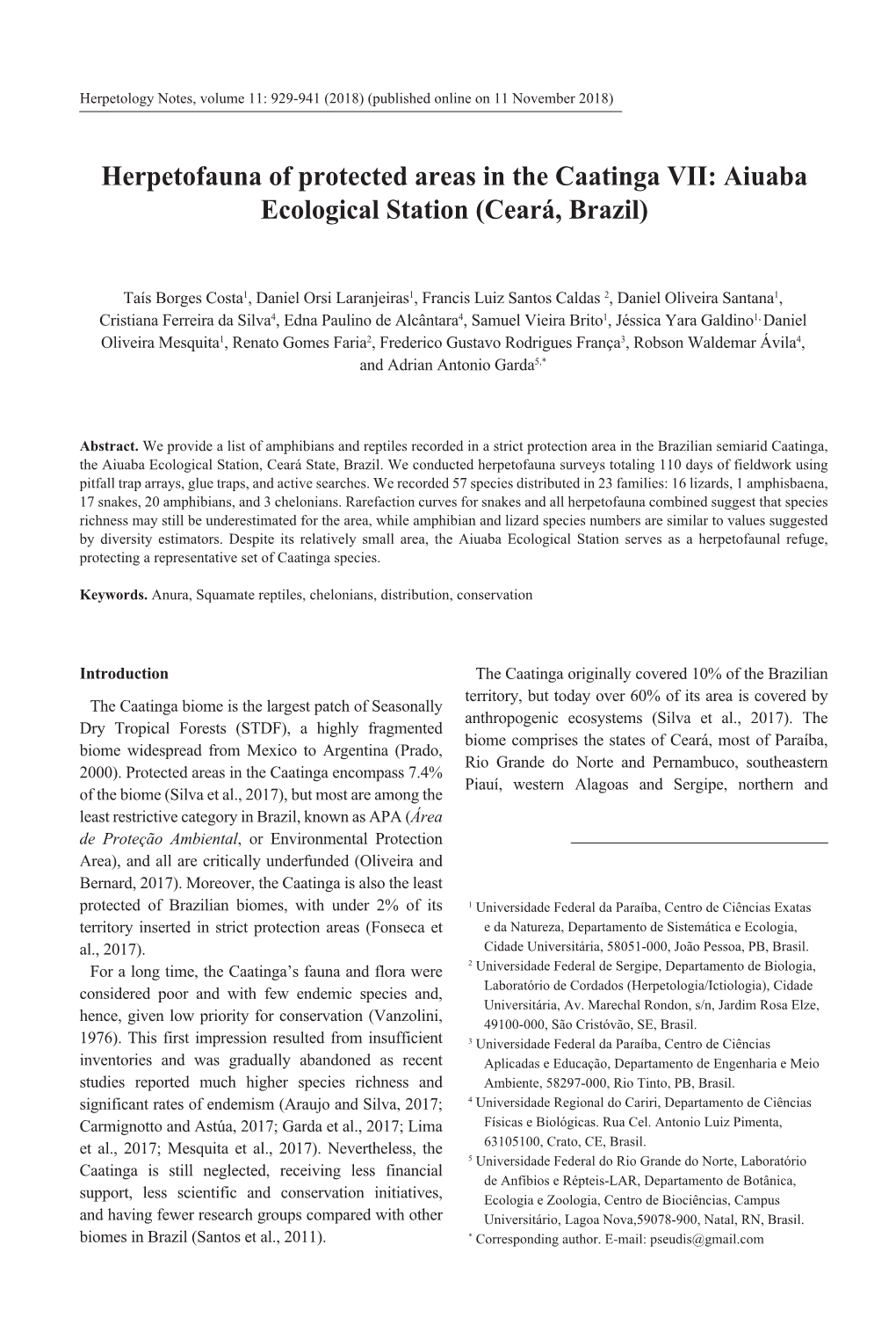 Herpetofauna of Protected Areas in the Caatinga VII: Aiuaba Ecological Station (Ceará, Brazil)