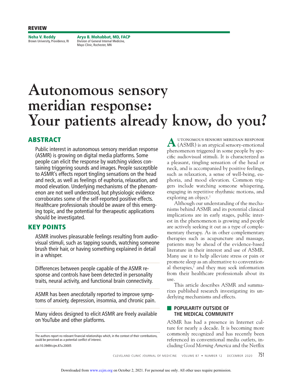 Autonomous Sensory Meridian Response: Your Patients Already Know, Do You?