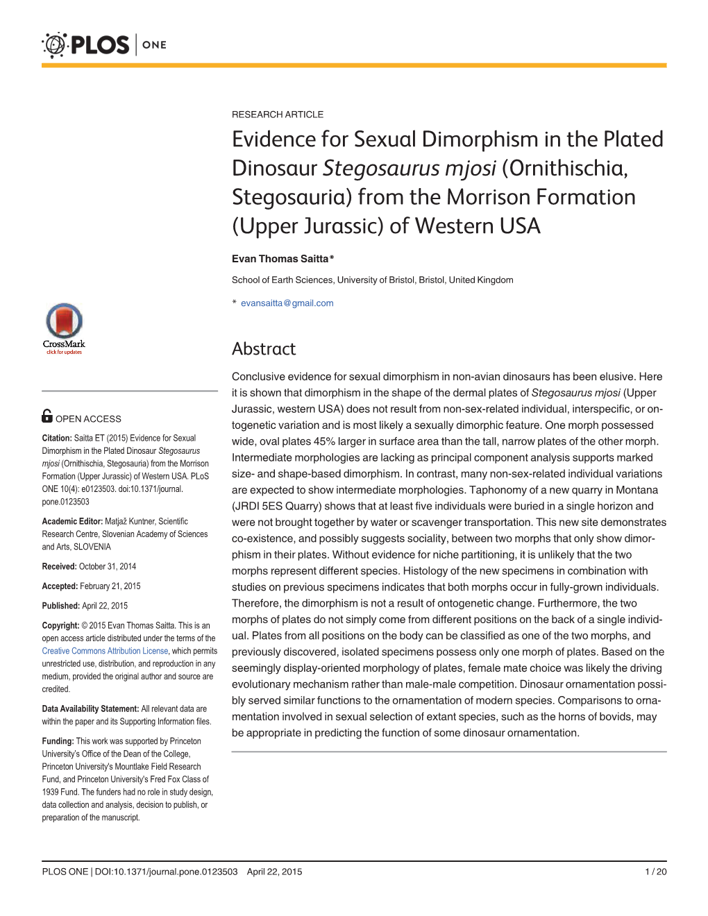 Evidence for Sexual Dimorphism in the Plated Dinosaur Stegosaurus Mjosi (Ornithischia, Stegosauria) from the Morrison Formation (Upper Jurassic) of Western USA