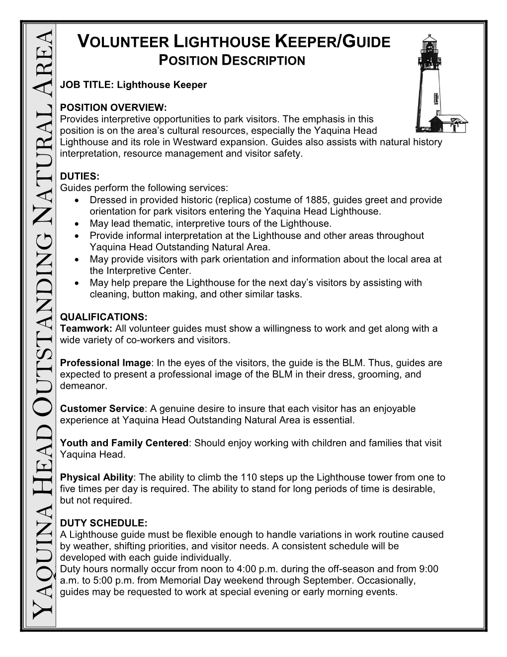 Volunteer Lighthouse Keeper/Guide Position Description