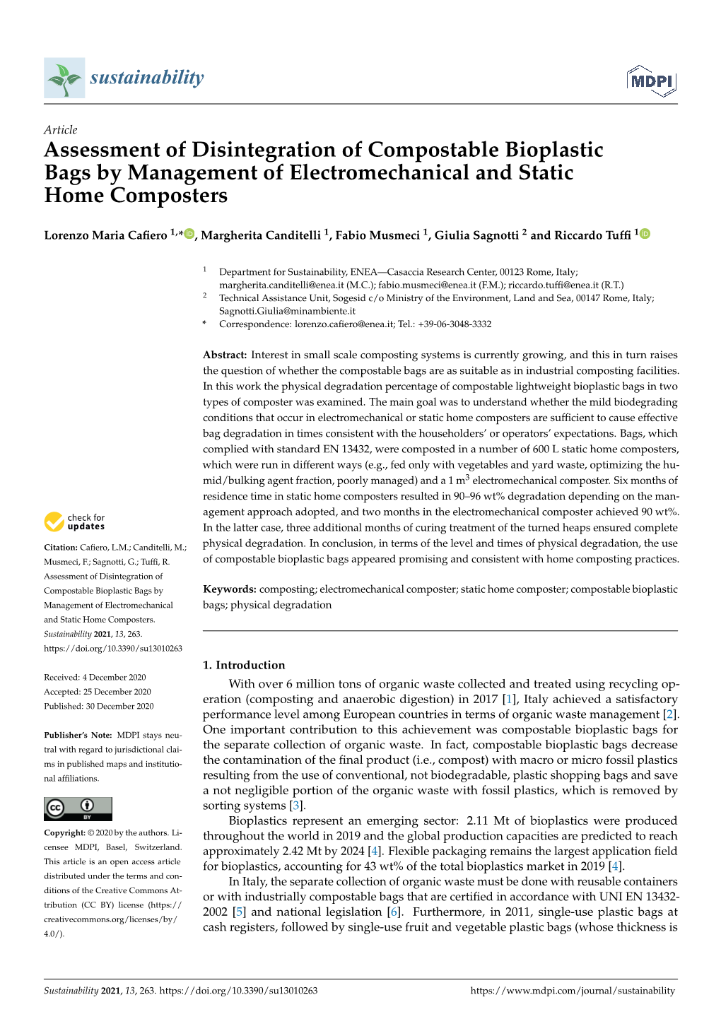 Assessment of Disintegration of Compostable Bioplastic Bags by Management of Electromechanical and Static Home Composters