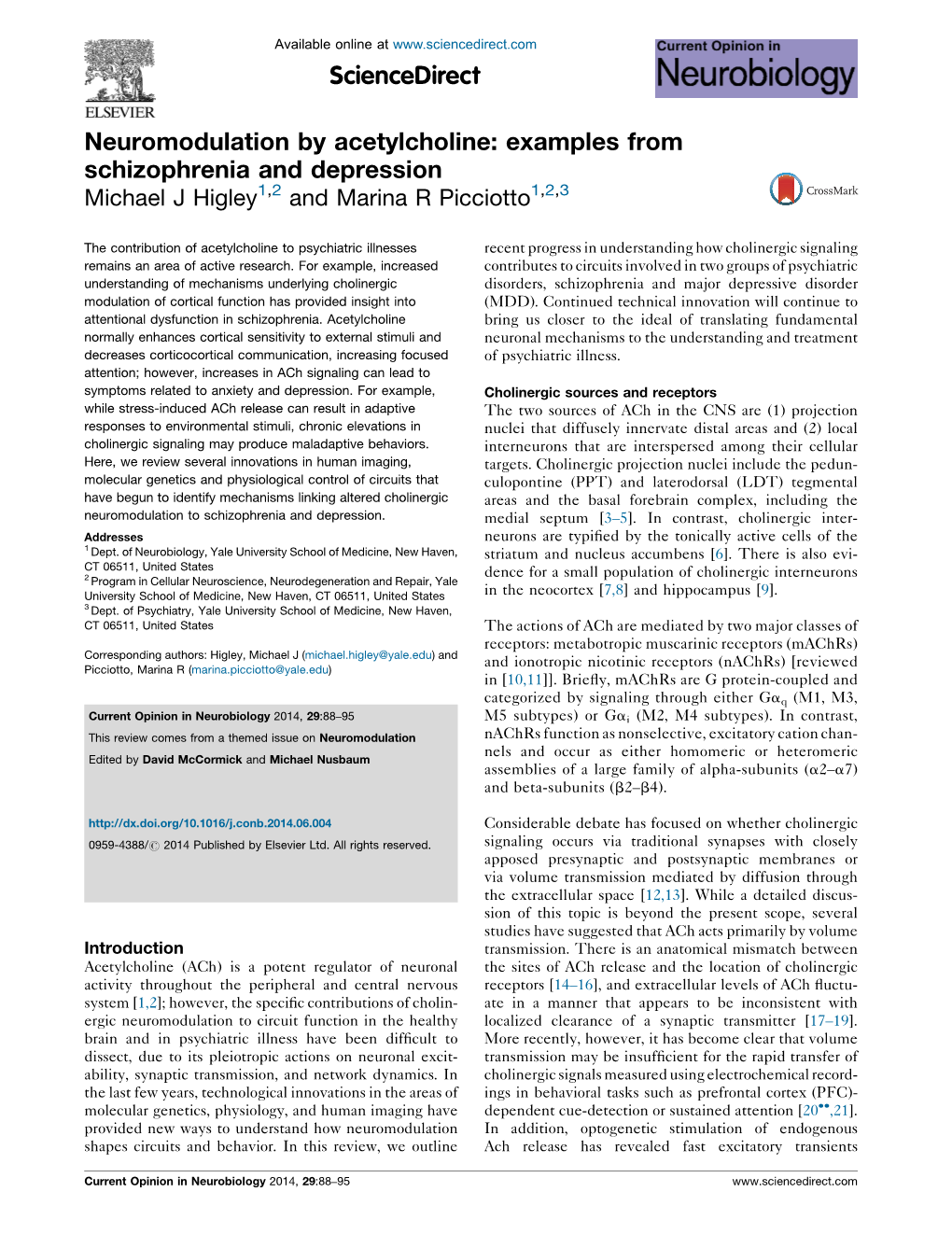 Neuromodulation by Acetylcholine: Examples from Schizophrenia and Depression