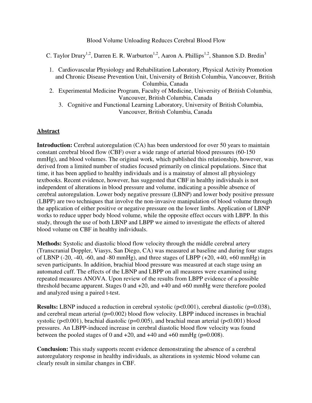 Blood Volume Unloading Reduces Cerebral Blood Flow