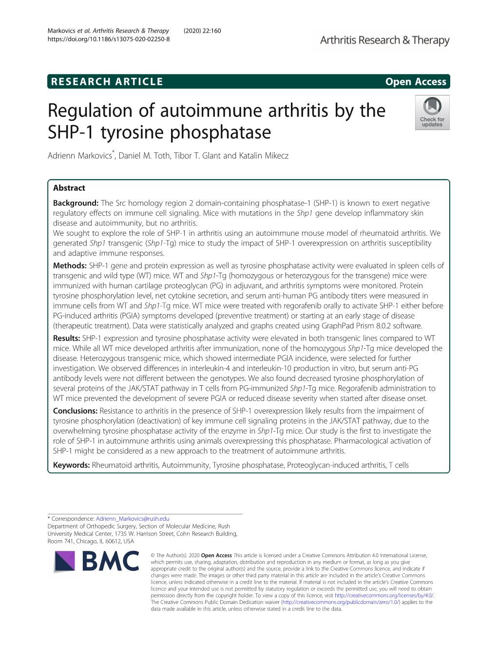 Regulation of Autoimmune Arthritis by the SHP-1 Tyrosine Phosphatase Adrienn Markovics*, Daniel M