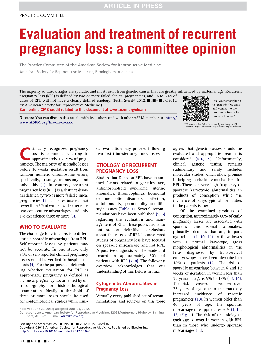 Evaluation and Treatment of Recurrent Pregnancy Loss: a Committee Opinion