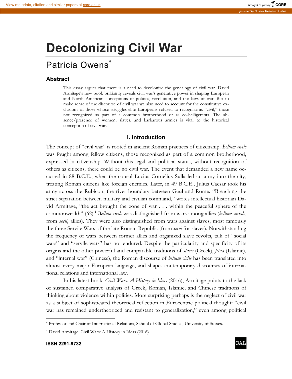 Decolonizing Civil War Patricia Owens*