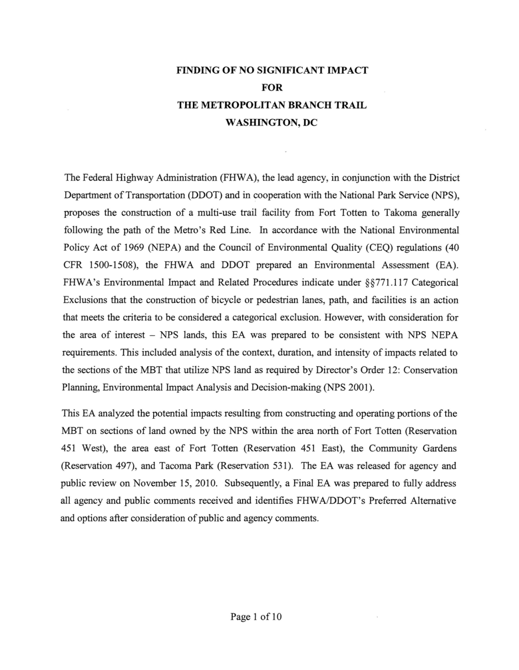 FINDING of NO SIGNIFICANT IMPACT for the METROPOLITAN BRANCH TRAIL WASHINGTON, DC the Federal Highway Administration (FHWA)